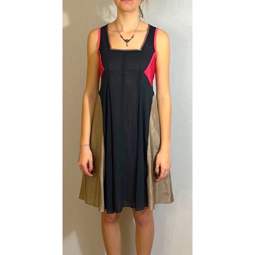 DKNY 100% silk pink black tan color block square neck dress